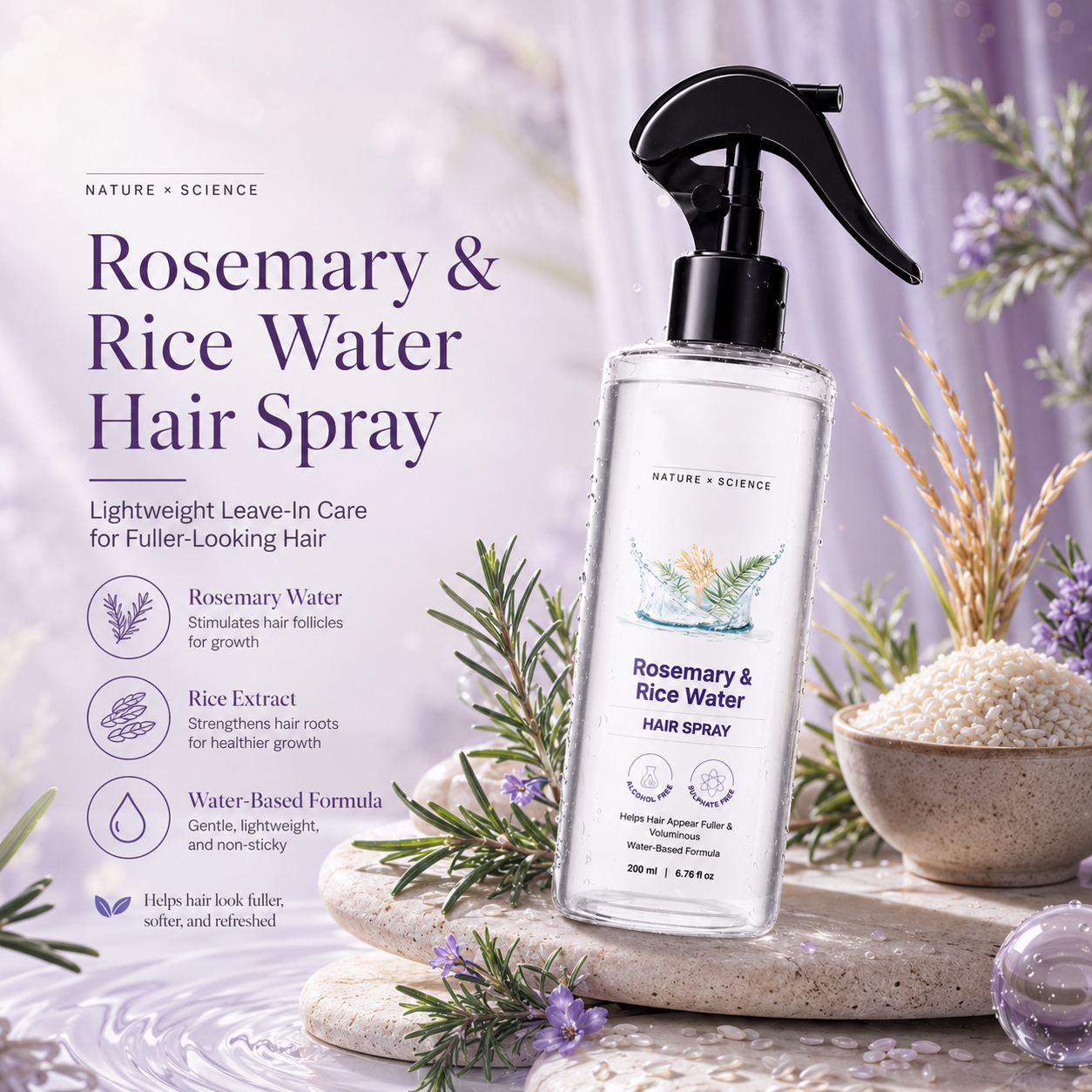 Rosemary Rice Water Hair Mist for Soft Smooth Non Greasy Hair