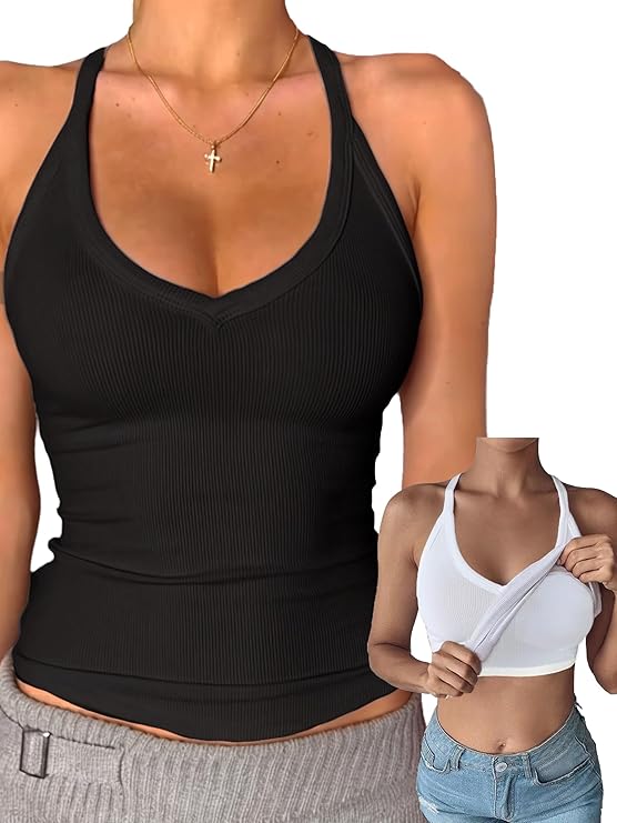 Neck Cotton Tank Tops with Built-in Shelf Bra