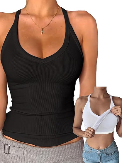 Neck Cotton Tank Tops with Built-in Shelf Bra