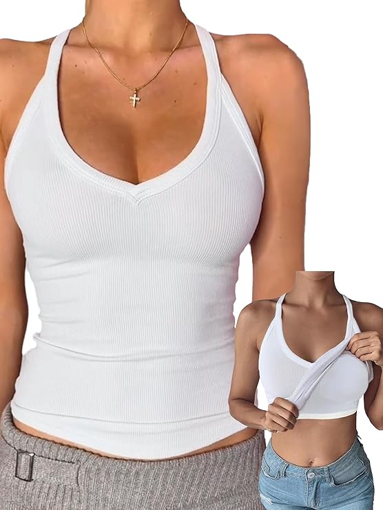 Neck Cotton Tank Tops with Built-in Shelf Bra