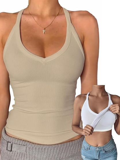 Neck Cotton Tank Tops with Built-in Shelf Bra