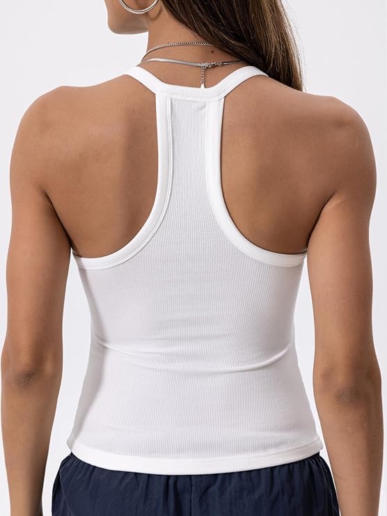 Neck Cotton Tank Tops with Built-in Shelf Bra