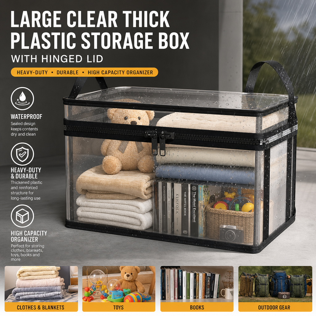 Large Clear storage Box with Hinged Lid -Heavy-Duty High Capacity Organizer