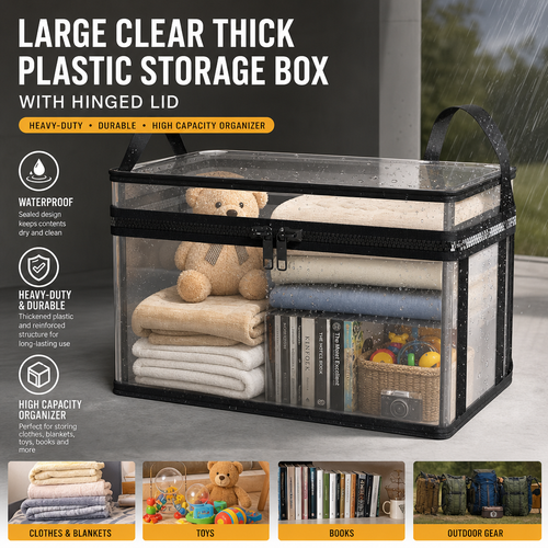 Large Clear storage Box with Hinged Lid -Heavy-Duty High Capacity Organizer