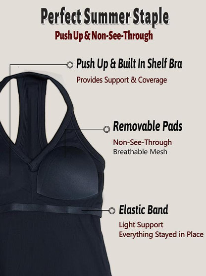 Neck Cotton Tank Tops with Built-in Shelf Bra
